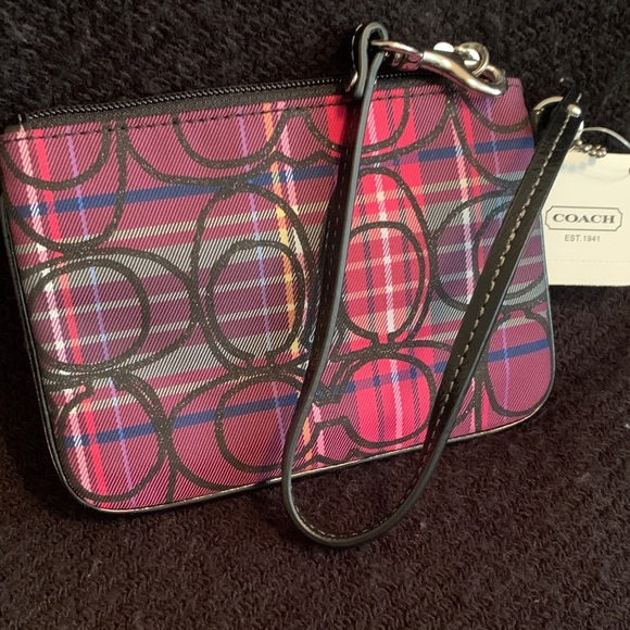Coach Vibrant Pink Plaid Wristlet - Picture 1 of 5